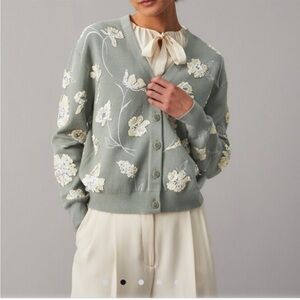 Tory Burch Floral Embroidered sequins Cardigan Sweater NWT Sage Green Jade Stone